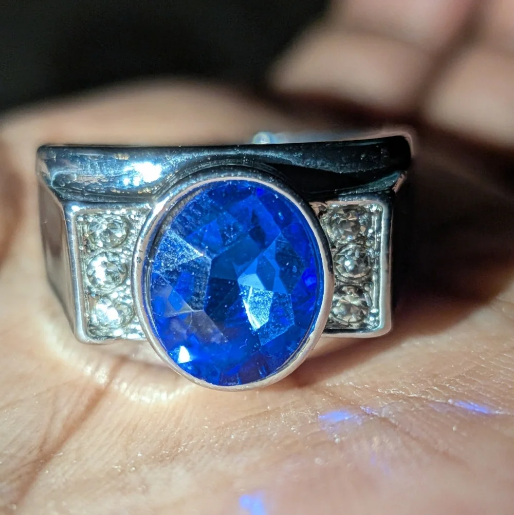 Elegant Silvery and Blue Men's Gemstone Ring Sz 8